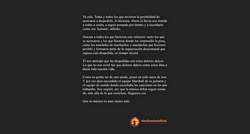 NUEVO COMUNICADO DE LA FAMILIA DEL INDIO SOLARI, LUEGO DE HABER TERMINADO SU VELATORIO: &ldquo;QUE SU M&Uacute;SICA NO PARE M&Aacute;S